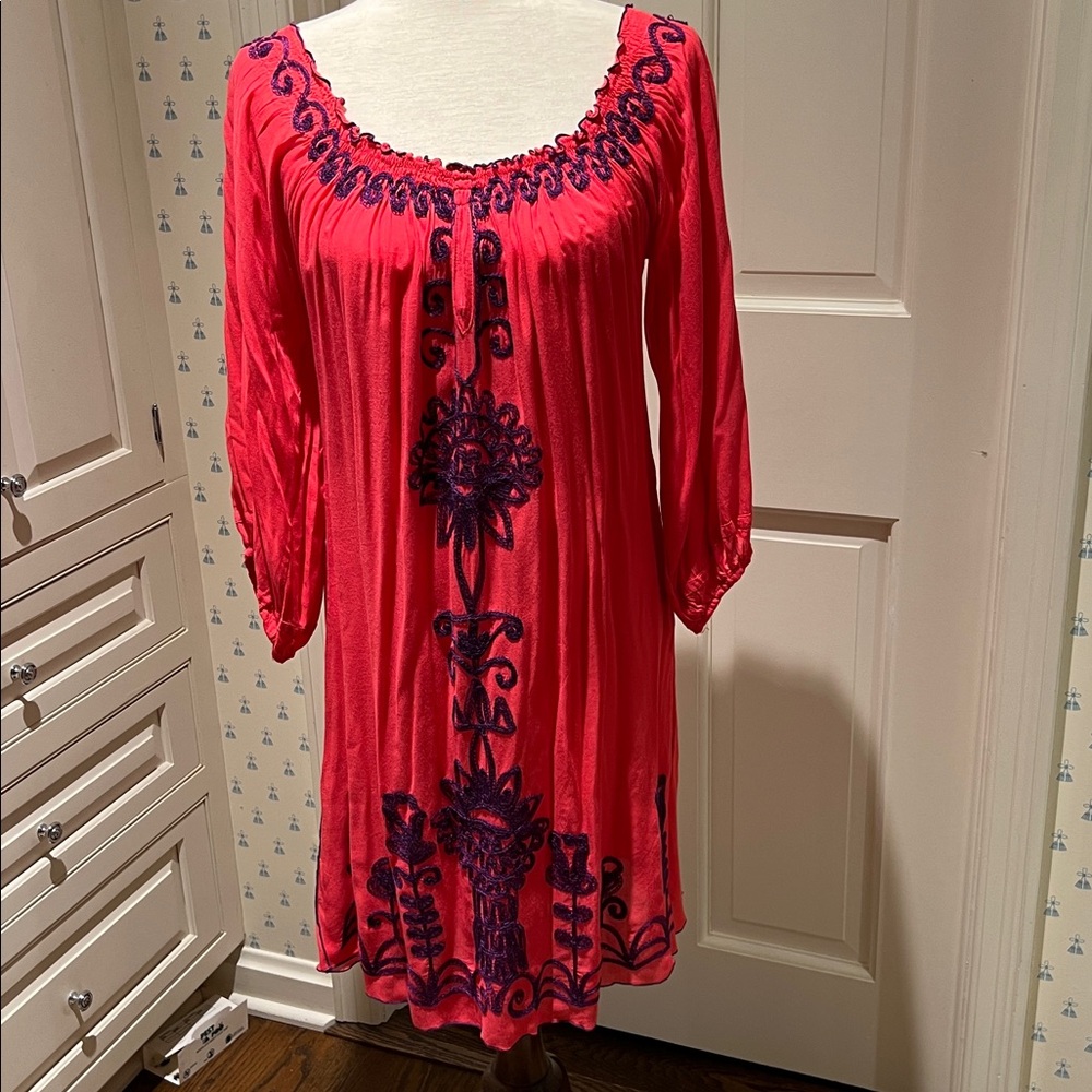 RED WITH PURPLE SOUTACHE EMBROIDERY LIGHTWEIGHT DRESS OR LONG TUNIC